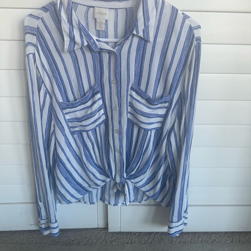 Chico's Navy and White Striped Shirt ties at bottom. Button down. Size 3